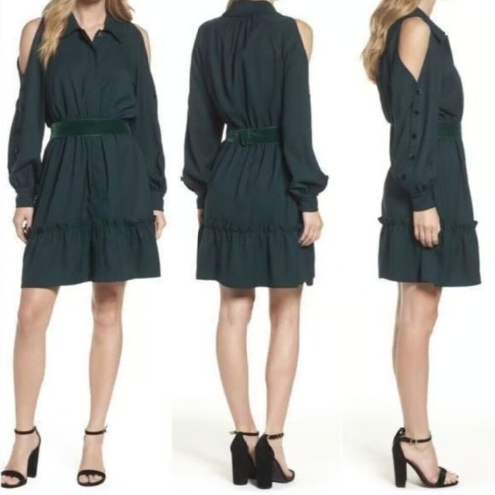Eliza J Emerald Green Belted Cold-Shoulder Shirt Dress - NWT